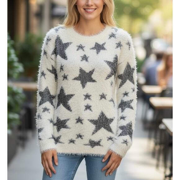 2/$15 Yoki Eyelash Star Sweater Cream Black Plush Furry Soft Pullover Size S - Picture 1 of 13